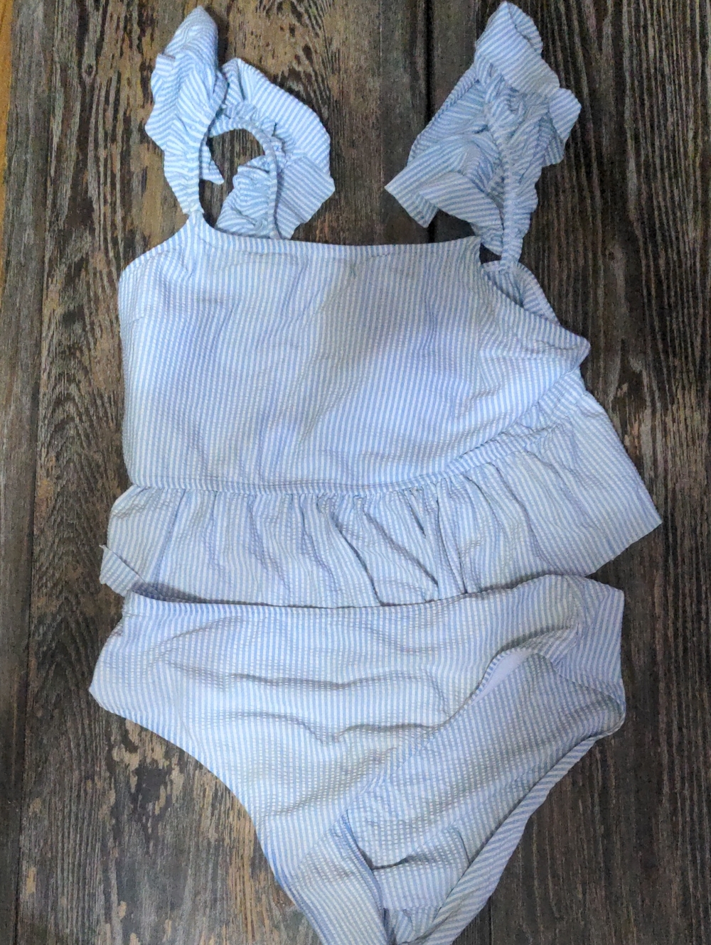 Girls Light Blue Striped Ruffle Tankini Bottoms Set